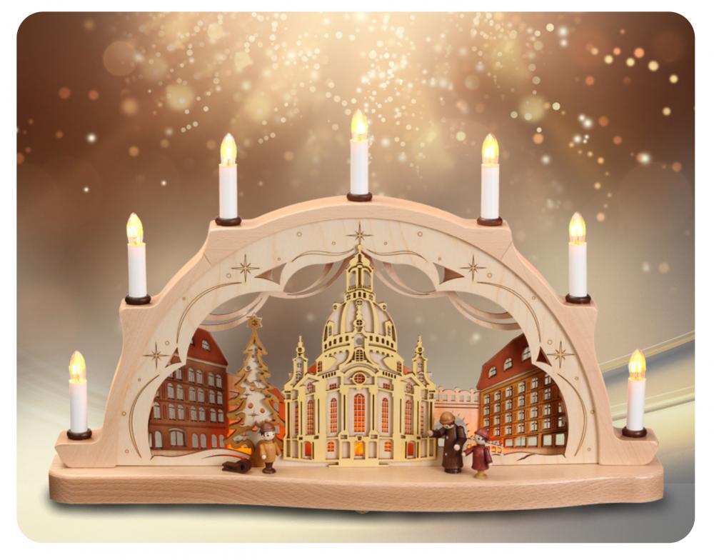 Schwibbogen mit Beleuchtung Dresdner Frauenkirche 3D-Optik, Erzgebirge, Weihnachten 7 Kerzen